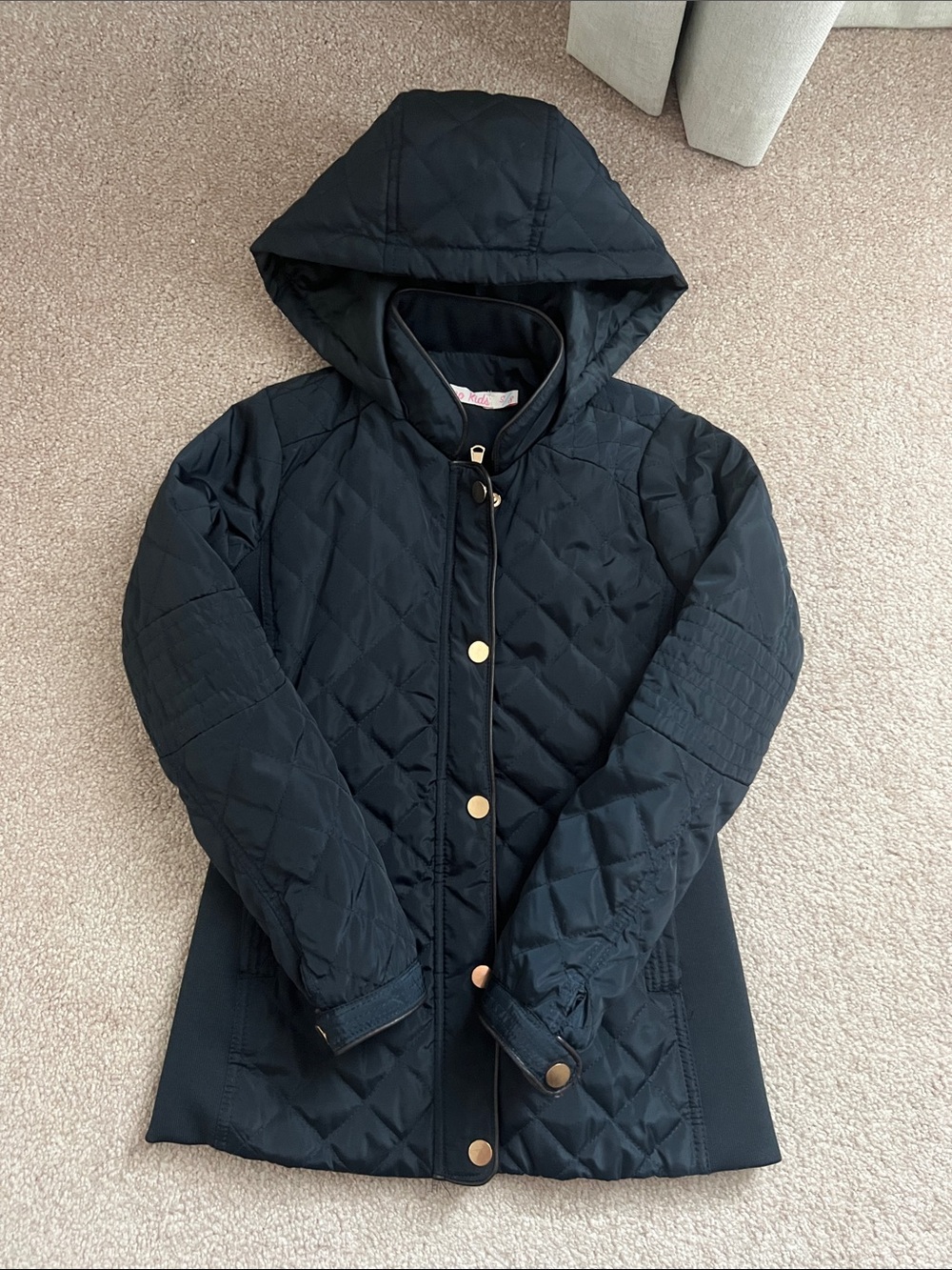 EUC - Girls Ci Sono Navy Quilted Hooded Puffer Jacket with Gold Buttons